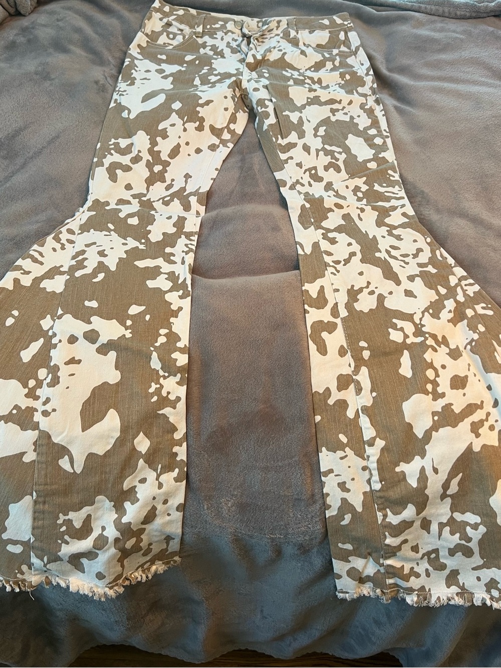 Saints & Hearts Beige Camo Flare Jeans — Wide Leg Women's Denim